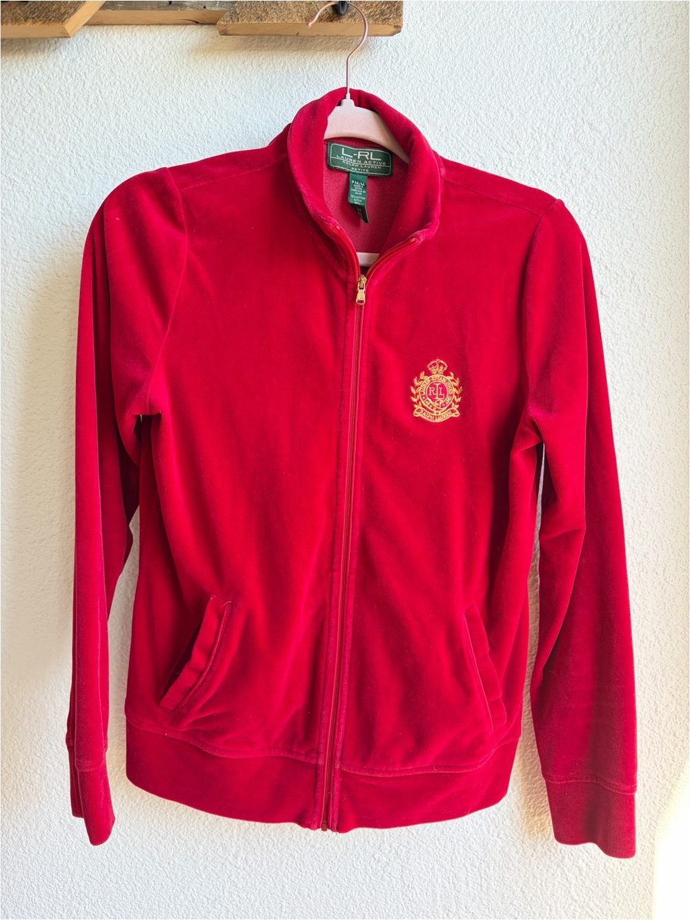 Y2K Lauren Ralph Lauren Red Velvet Gold Logo Zip Front Sweatshirt MP